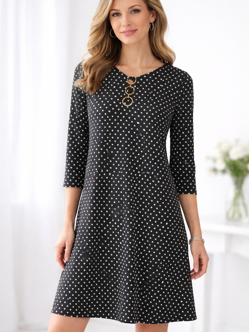 Roz & Ali A-Line Swing Black and White Polka Dot Dress with Gold Rings Sz S